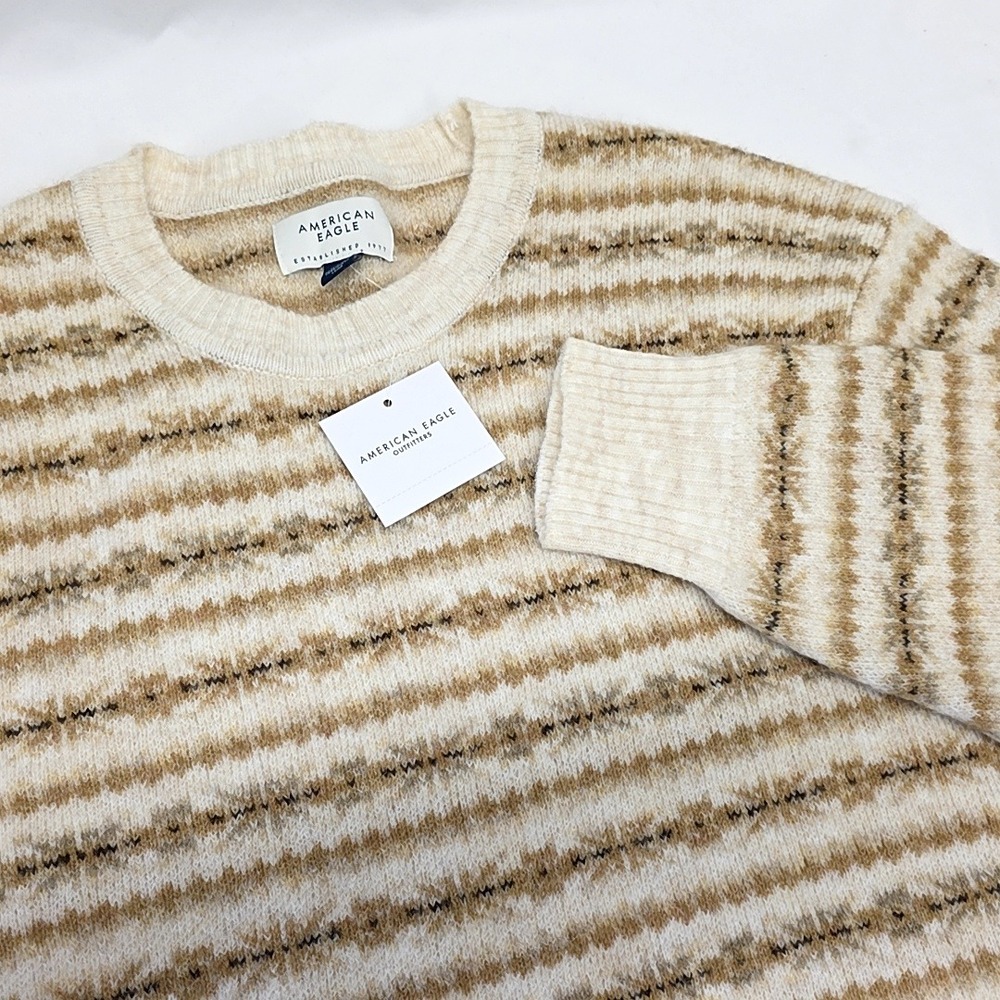 NWT American Eagle Sweater Womens XXL Beige Striped Crewneck Pullover Wool Blend